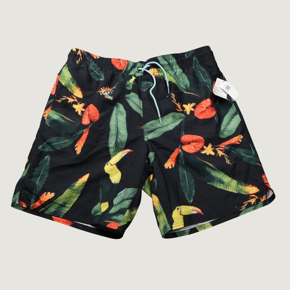 NWT Old Navy Mens Swim Trunks L Black Tropical Toucan Floral 8 Inch Inseam NWT